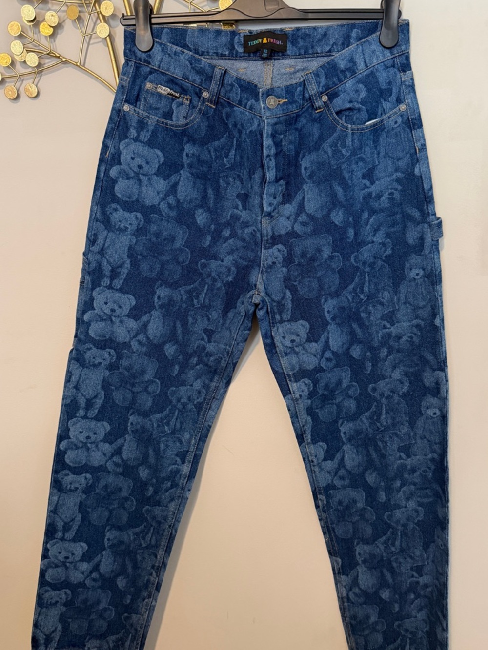 Teddy Fresh Blue Teddy-Bear Jacquard Slim Straight Jeans
